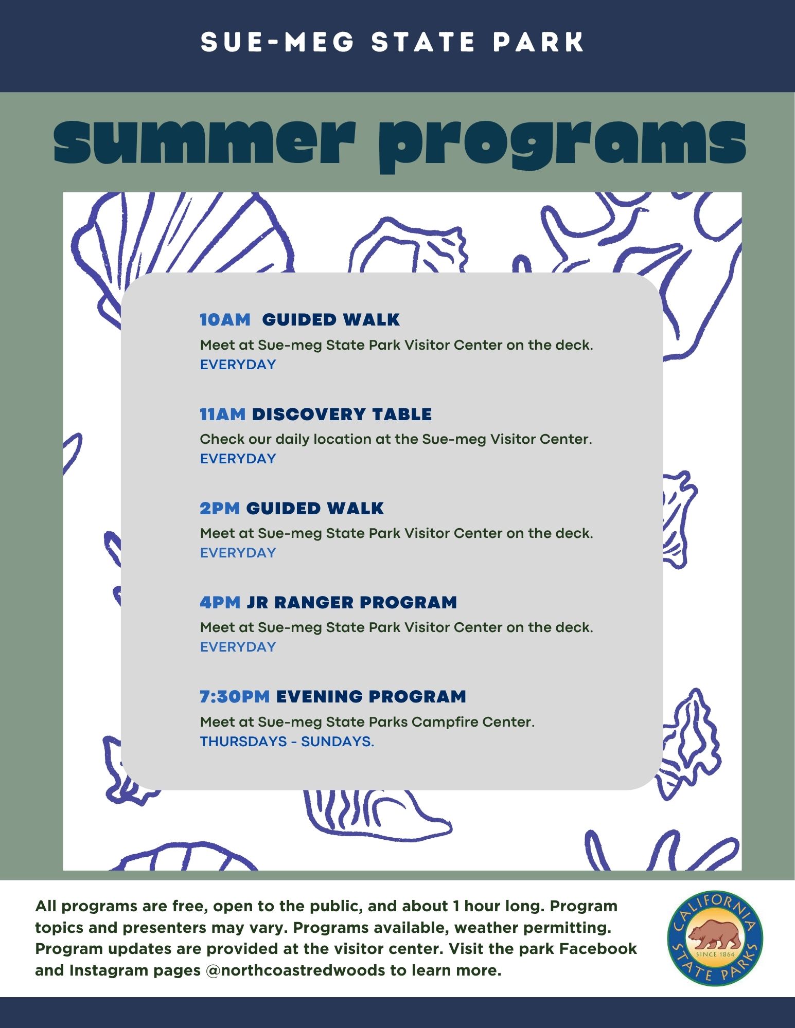 A flyer for interpretive programs at Sue-meg State Park